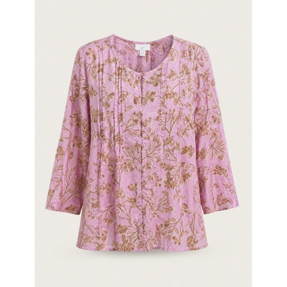 J Jill Floral Pintuck Blouse Pink Cotton Gauze Boho Top 2X Coastal Lightweight